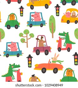 vector seamless pattern, funny animals driving a car