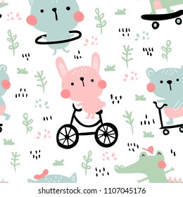 vector seamless pattern, funny animals doing summer activities 