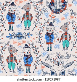 vector seamless pattern with funny animals and berries