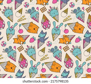 Vector seamless pattern with funny animals in ice cream coness in children s primitive style. Hand drawn vector endless background.