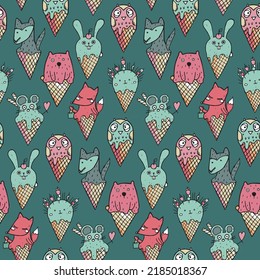 Vector seamless pattern with funny animals in ice cream coness in children s primitive style. Hand drawn vector endless background.