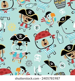 Vector seamless pattern of funny animals in pirate costume with sailing elements