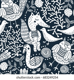 vector seamless pattern with funny animals and abstract plants