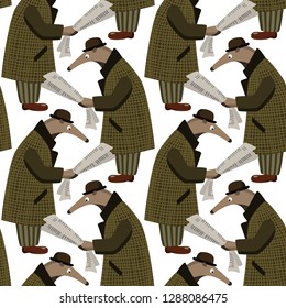 Vector seamless pattern with funny anteater in retro every-man outfit reading newspaper in a city street. Funny illustration, vintage drawing, perfect for prints and patterns