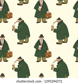 Vector seamless pattern with funny anteater in retro every-man outfit eating  ice cream and having coffee in a city street. Funny illustration, vintage drawing, perfect for prints and patterns