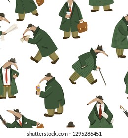 Vector seamless pattern with funny anteaters in retro every-man outfit in city streets. Funny illustration, vintage drawing, perfect for prints and patterns