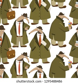 Vector seamless pattern with funny anteaters in retro every-man outfit in city streets. Funny illustration, vintage drawing, perfect for prints and patterns