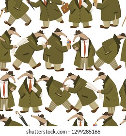 Vector seamless pattern with funny anteaters in retro every-man outfit in city streets. Funny illustration, vintage drawing, perfect for prints and patterns