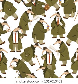 Vector seamless pattern with funny anteaters in retro every-man outfit in city streets. Funny illustration, vintage drawing, perfect for prints and patterns