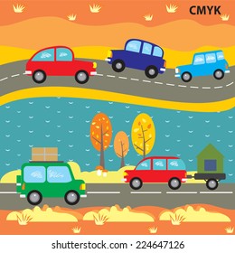 Vector seamless pattern funny autumn cars