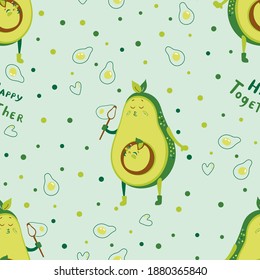 Vector seamless pattern funny avocado and avocado bones blow bubbles. Soap bubbles in the shape of an avocado. Design for printing on children's clothing, textiles, packaging, paper, wallpaper.