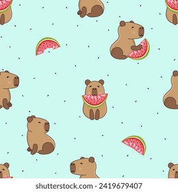 Vector seamless pattern with funny baby capybaras eating watermelon. 