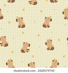 Vector seamless pattern with funny baby capybaras. Adorable background with amusing capibaras with orange. 