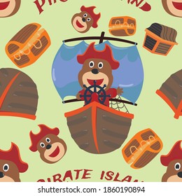 Vector seamless pattern with funny bear pirate cartoon, Cute Marine pattern for fabric, textile, nursery, baby clothes, background, textile, wrapping paper and other decoration.