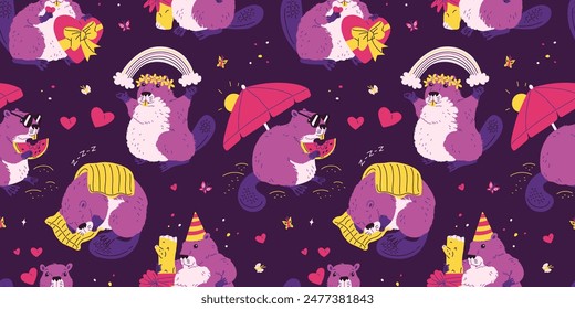 Vector seamless pattern with funny beavers: sleeping, surprised, wearing sunglasses eating watermelon. Creative illustration of semi-aquatic mammals