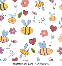 vector seamless pattern, funny bees and flowers