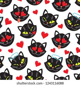 Vector seamless pattern with funny black cats in love and simple red hearts. Cartoon style. For valentine or romantic design.