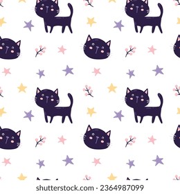 vector seamless pattern with funny black cat. childish background with design elements. Ideal for cards, poster, prints, anniversary, invitation and party decoration