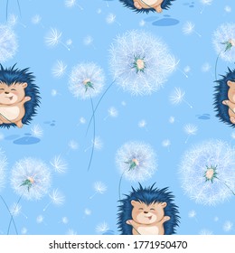 Vector seamless pattern with funny blue hedgehog and white summer dandelions. Children's cheerful print on a blue background.