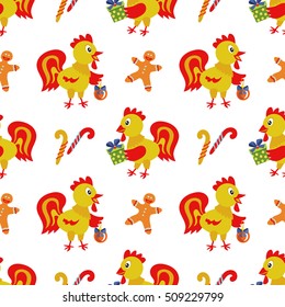 Vector seamless pattern with a funny bright rooster. Year of the Fire Rooster.