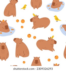 Vector seamless pattern with funny capybaras. Background with amusing capibaras. Cute capybaras swimming in water and relaxing with mandarin oranges. South American adorable animal pattern.