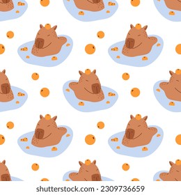 Vector seamless pattern with funny capybaras. Adorable background with amusing capibaras with mandarins. Cute capybaras swimming in water and relaxing with mandarin oranges. Capybara bathing pattern.