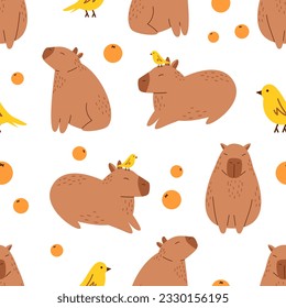 Vector seamless pattern with funny capybaras, mandarins and birds. Background with amusing capibaras. Cute capybaras relaxing with mandarin oranges. South American adorable animal pattern.