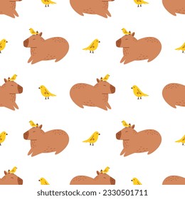 Patrón vectorial sin fisuras con capibaras y pájaros divertidos. Fondo adorable con divertidos capibaras con pájaros amarillos en la cabeza. Patrón de capibara en diseño plano.