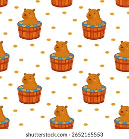 Vector seamless pattern with funny capybaras relaxing spa. Cute capybaras swimming in water with orange slice