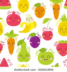 Vector seamless pattern with funny cartoon fruit characters