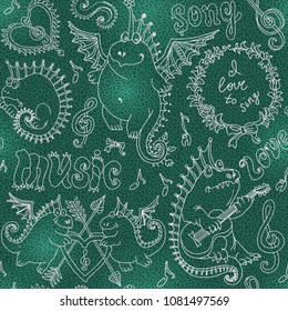 Vector seamless pattern of funny cartoon dragons playing music and singing a song. Grey doodle drawing on a green dappled  background. Wallpaper, web page, wrapping paper, textile print