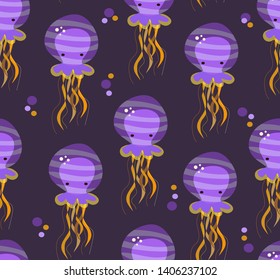 Vector seamless pattern with funny cartoon violet striped jellyfish. Sea life texture. Under ocean print. 