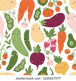 Vector seamless pattern. Funny cartoon vegetables characters  isolated on the white background. Cute repeat kitchen fabric design. Perfect for tea towels.