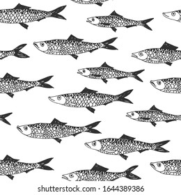 Vector seamless pattern with funny cartoon herrings in doodle style isolated on white. Hand drawn texture with cute ocean fishes.