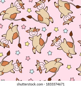 Vector seamless pattern with a funny cartoon dancing cow, on a pink background