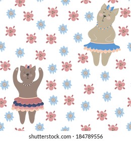 Vector seamless pattern with funny cartoon characters and flowers. Cute dancing hand drawing cats.