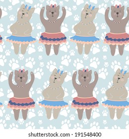 Vector seamless pattern with funny cartoon characters: cute dancing hand drawing cats on the background with cat's footprint