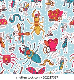 Vector seamless pattern with funny cartoon insects 