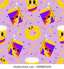 Patrón vectorial sin fisuras con divertidos dibujos animados, café y personajes de la caja de bebidas. Cara cómica psicodélica con una sonrisa loca. Fondo retro colorido con comida rápida