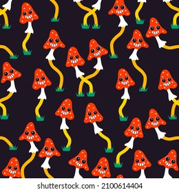 Vector seamless pattern with funny cartoon mushrooms characters. Psychedelic comic amanita face with crazy smile. Colorful retro toadstool background for print, fabric, wrapping paper