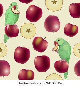Vector seamless pattern  with funny cartoon green parakeets, sitting on the red  apples, on light beige background