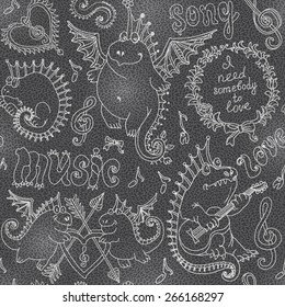 Vector seamless pattern of funny cartoon dragons playing music and singing a song. Chalk on the blackboard.