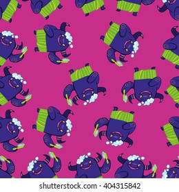 Vector seamless pattern with funny cartoon monsters. Washing monsters. Bath pattern. Cartoon pattern with cute violet monsters. Funny creatures. Kids pattern on pink background.