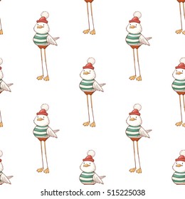 Vector seamless pattern with funny cartoon sailor seagull in cute  hat, t-shirt and shorts