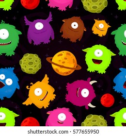 Vector seamless pattern with funny cartoon monsters on background of space and planets.