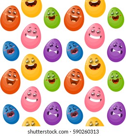 Vector seamless pattern with funny cartoon easter eggs. Vector illustration in flat style for greetings card or stickers