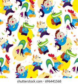 Vector seamless pattern with funny cartoon animal students isolated on white background - rooster, hedgehog, crocodile, dog. Good for banner, packaging paper design. 