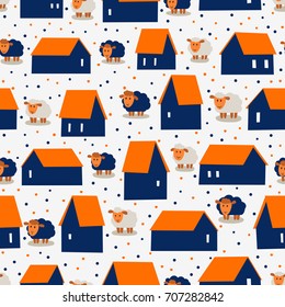 Vector seamless pattern with funny cartoon sheep and houses
