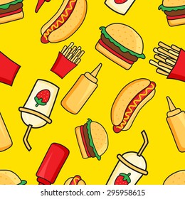 vector seamless pattern of funny cartoonish fast food dishes on yellow background