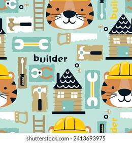 Vector seamless pattern of funny cat builder with worker elements